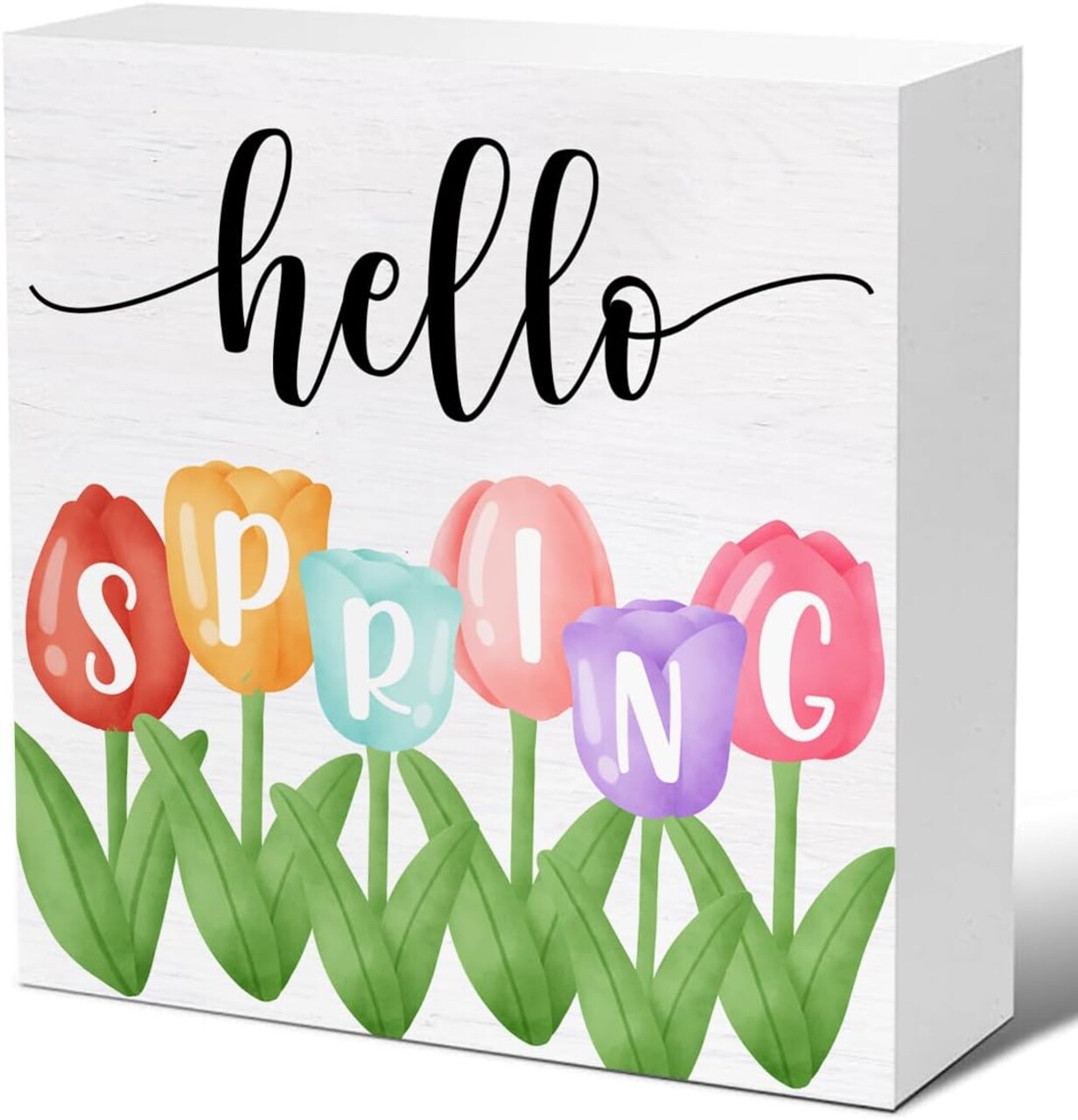 Hello Spring Tulip Wooden Decorative Sign – Charming Home Décor Accent for Desk, Table, or Shelf (5 x 5 Inches)